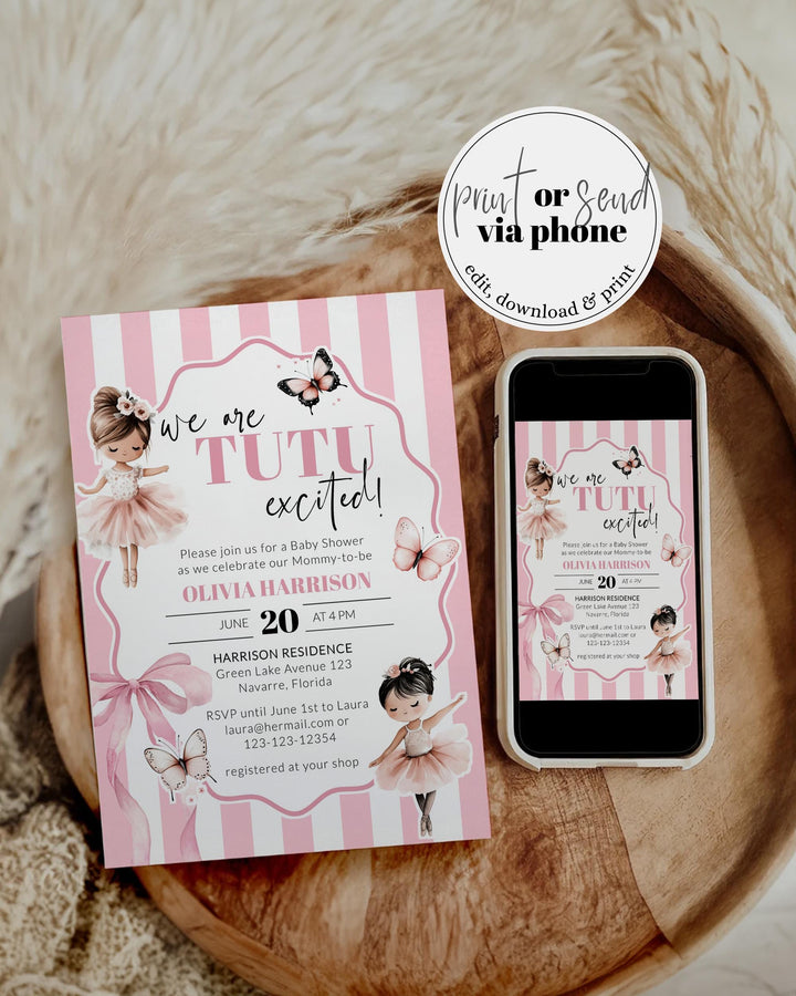 Tutu Excited Baby Shower Invitation, A Little Ballerina Girl Baby Shower Invite, Pink Stripes Butterflies Ballet Printable Template #072 - TheLovebirdsDesign