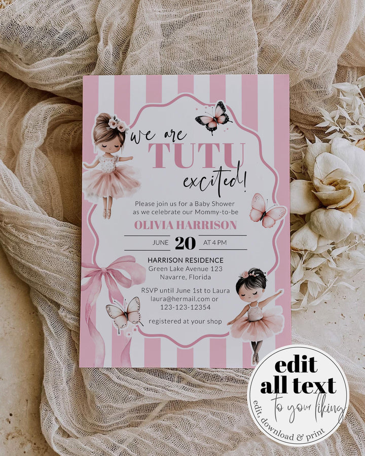 Tutu Excited Baby Shower Invitation, A Little Ballerina Girl Baby Shower Invite, Pink Stripes Butterflies Ballet Printable Template #072 - TheLovebirdsDesign