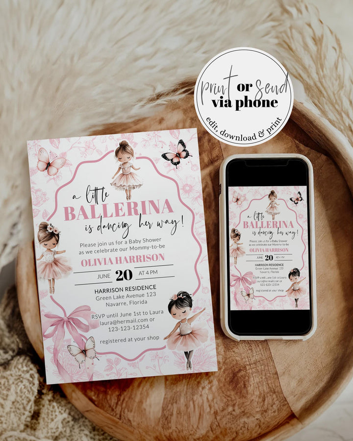 Tutu Excited Ballerina Baby Shower Invitation, Girl Ballet Baby Shower Invite, Toile de Jouy Butterfly Ballerina Themed Party Template #072 - TheLovebirdsDesign