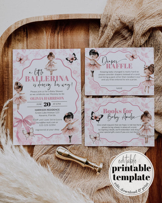 Tutu Excited Ballerina Baby Shower Invitation, Girl Ballet Baby Shower Invite, Toile de Jouy Butterfly Ballerina Themed Party Template #072 - TheLovebirdsDesign