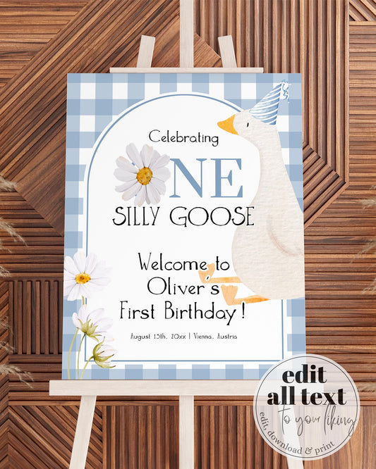 Blue One Silly Goose 1st Birthday Welcome Sign for Boys, Gingham Silly Goose on the Loose Welcome Birthday Party Decoration Template #068 - TheLovebirdsDesign