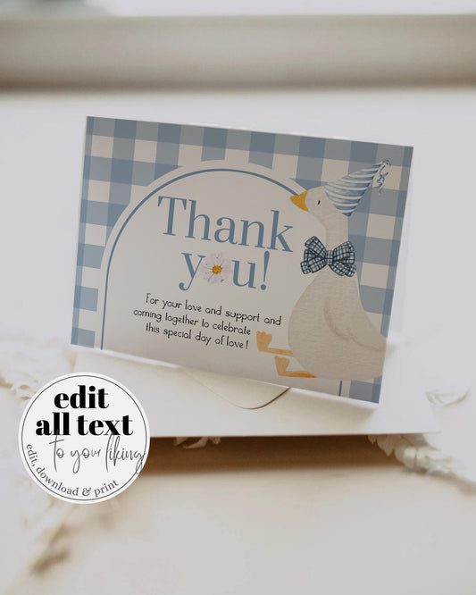 Blue One Silly Goose 1st Birthday Thank you Cards Boys, Silly Goose Themed Appreciation Cards Gingham Daisy Decor Printable Template #068 - TheLovebirdsDesign