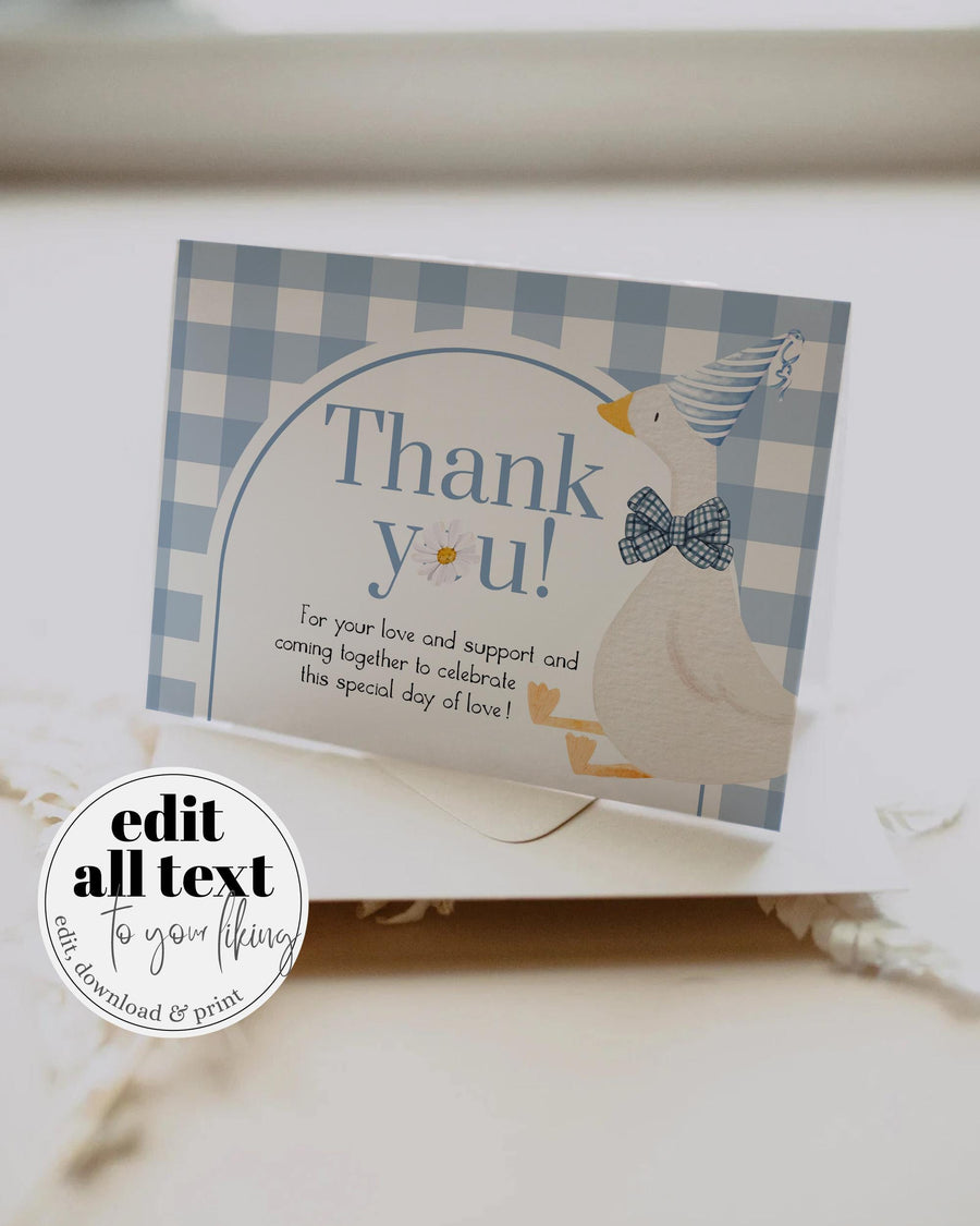 Blue One Silly Goose 1st Birthday Thank you Cards Boys, Silly Goose Themed Appreciation Cards Gingham Daisy Decor Printable Template #068 - marryful.org