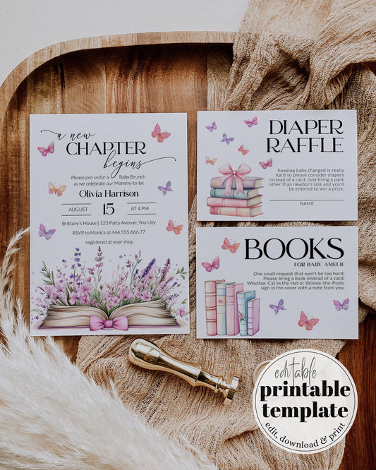 A New Chapter Begins Baby Shower Invitation, Girl Pink Storybook Baby Shower Invite, Wildflower Butterfly Themed Printable Template #072 - TheLovebirdsDesign