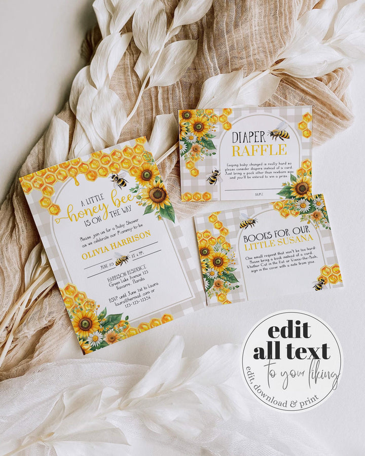 Little Hunny Babee Invite, Honey Bee Cottagecore Baby Shower Invitation, Mama to Bumblebee, Bee Hive Party Sunflowers Template #068 - TheLovebirdsDesign