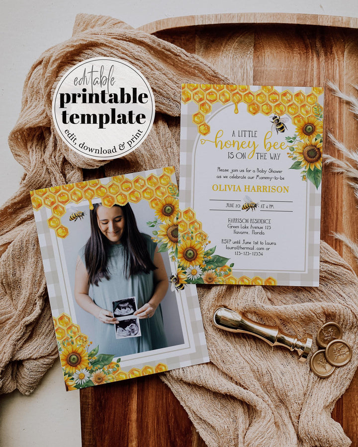 Little Hunny Babee Invite, Honey Bee Cottagecore Baby Shower Invitation, Mama to Bumblebee, Bee Hive Party Sunflowers Template #068 - TheLovebirdsDesign