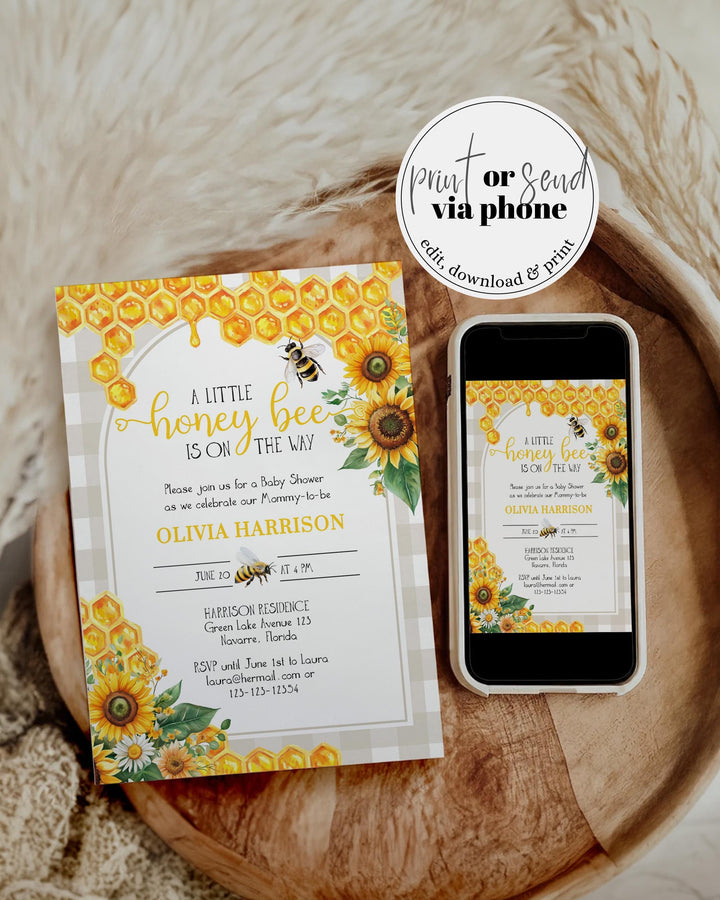 Little Hunny Babee Invite, Honey Bee Cottagecore Baby Shower Invitation, Mama to Bumblebee, Bee Hive Party Sunflowers Template #068 - TheLovebirdsDesign