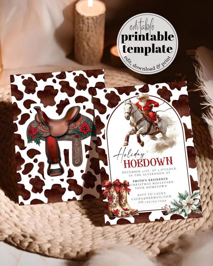 Santa Rodeo Western Christmas Party Invitation, Holiday Hoedown Cowboy Christmas Party Invite, Barn Holiday Party Invitation Template #070 - TheLovebirdsDesign