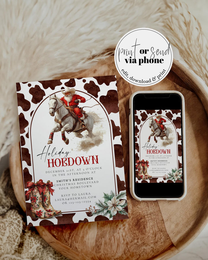 Santa Rodeo Western Christmas Party Invitation, Holiday Hoedown Cowboy Christmas Party Invite, Barn Holiday Party Invitation Template #070 - TheLovebirdsDesign