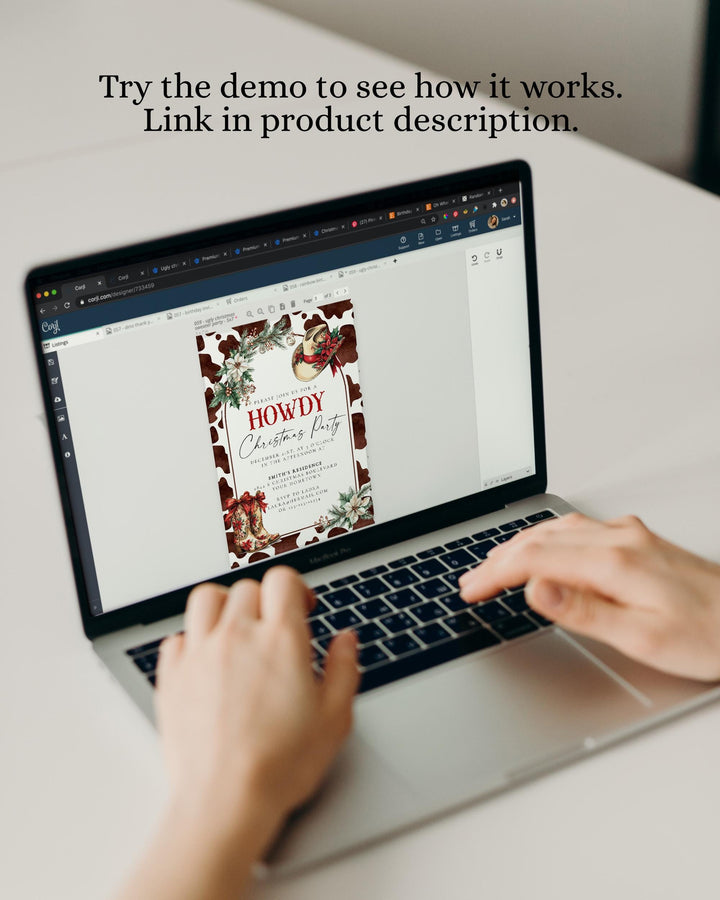 Western Howdy Christmas Party Invitation, Cow Print Holiday Invite, Cowboy Boots Rustic Christmas Template #070 - TheLovebirdsDesign