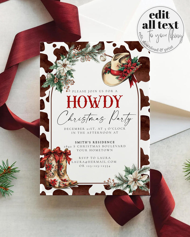 Western Howdy Christmas Party Invitation, Cow Print Holiday Invite, Cowboy Boots Rustic Christmas Template #070 - TheLovebirdsDesign