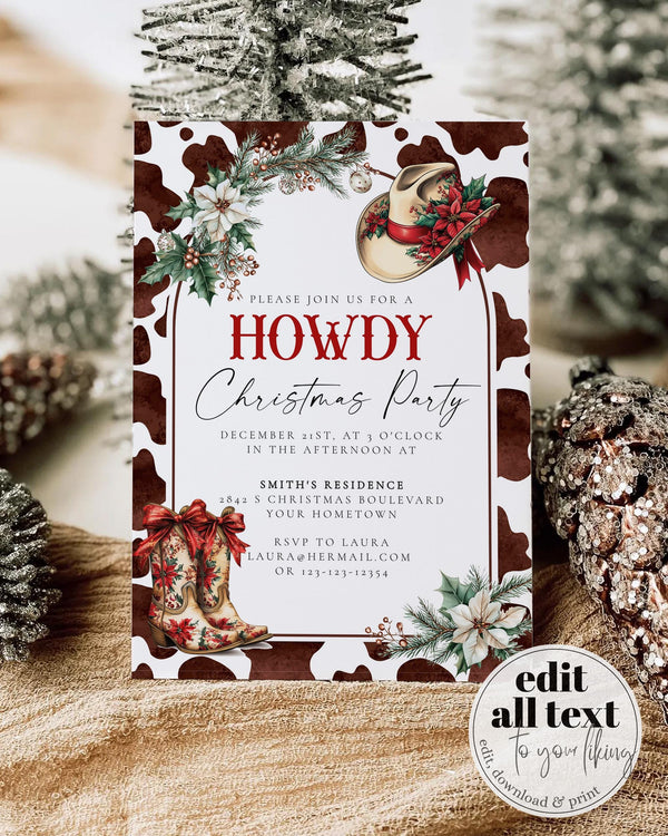 Western Howdy Christmas Party Invitation, Cow Print Holiday Invite, Cowboy Boots Rustic Christmas Template #070 - TheLovebirdsDesign