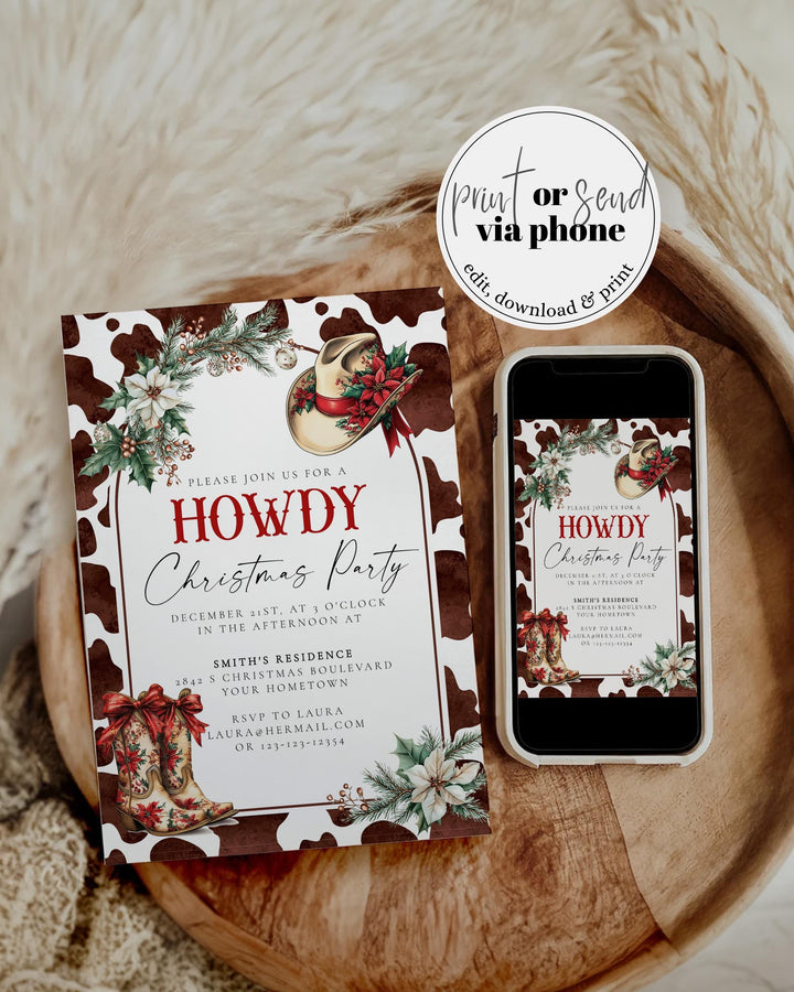 Western Howdy Christmas Party Invitation, Cow Print Holiday Invite, Cowboy Boots Rustic Christmas Template #070 - TheLovebirdsDesign