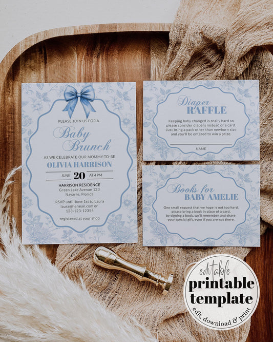 Blue Toile Baby Shower Invitation, Chinoiserie Baby Brunch Invite with Fancy Blue Bow, Coquette Chinoiserie Shower Party Template #072 - TheLovebirdsDesign