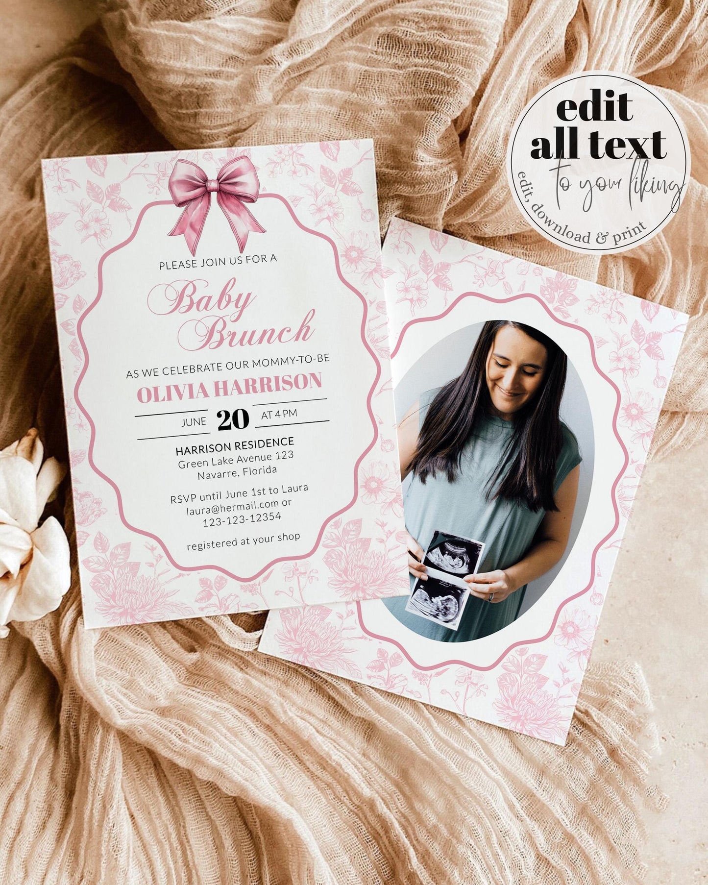 Pink Toile Baby Shower Invitation, Chinoiserie Baby Brunch Invite with Fancy Pink Bow, Coquette Chinoiserie Shower Party Template #072 - TheLovebirdsDesign