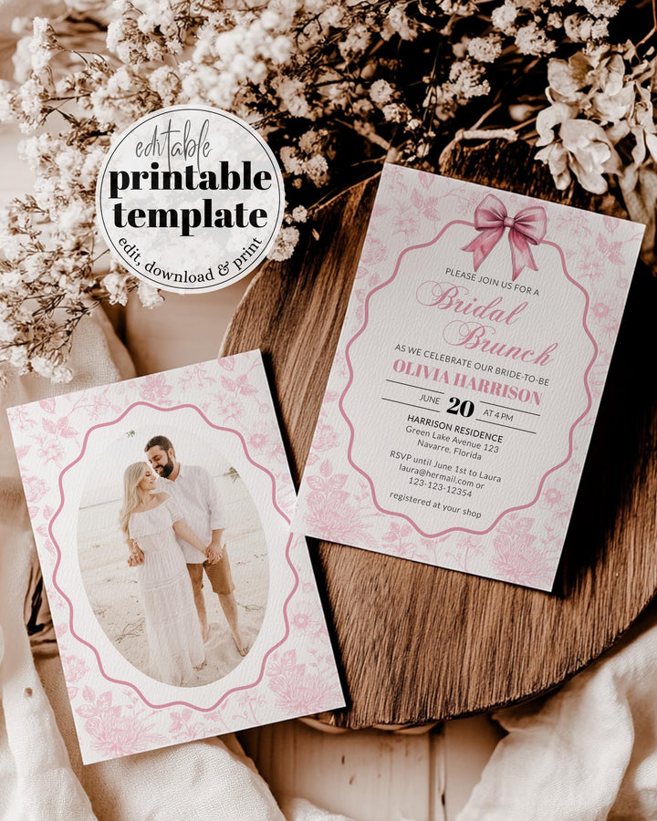 Pink Toile Bridal Brunch Invite, Cottagecore French Toile Bridal Shower Invitation with Bow for a Prosecco Garden Tea Party Printable #072 - TheLovebirdsDesign