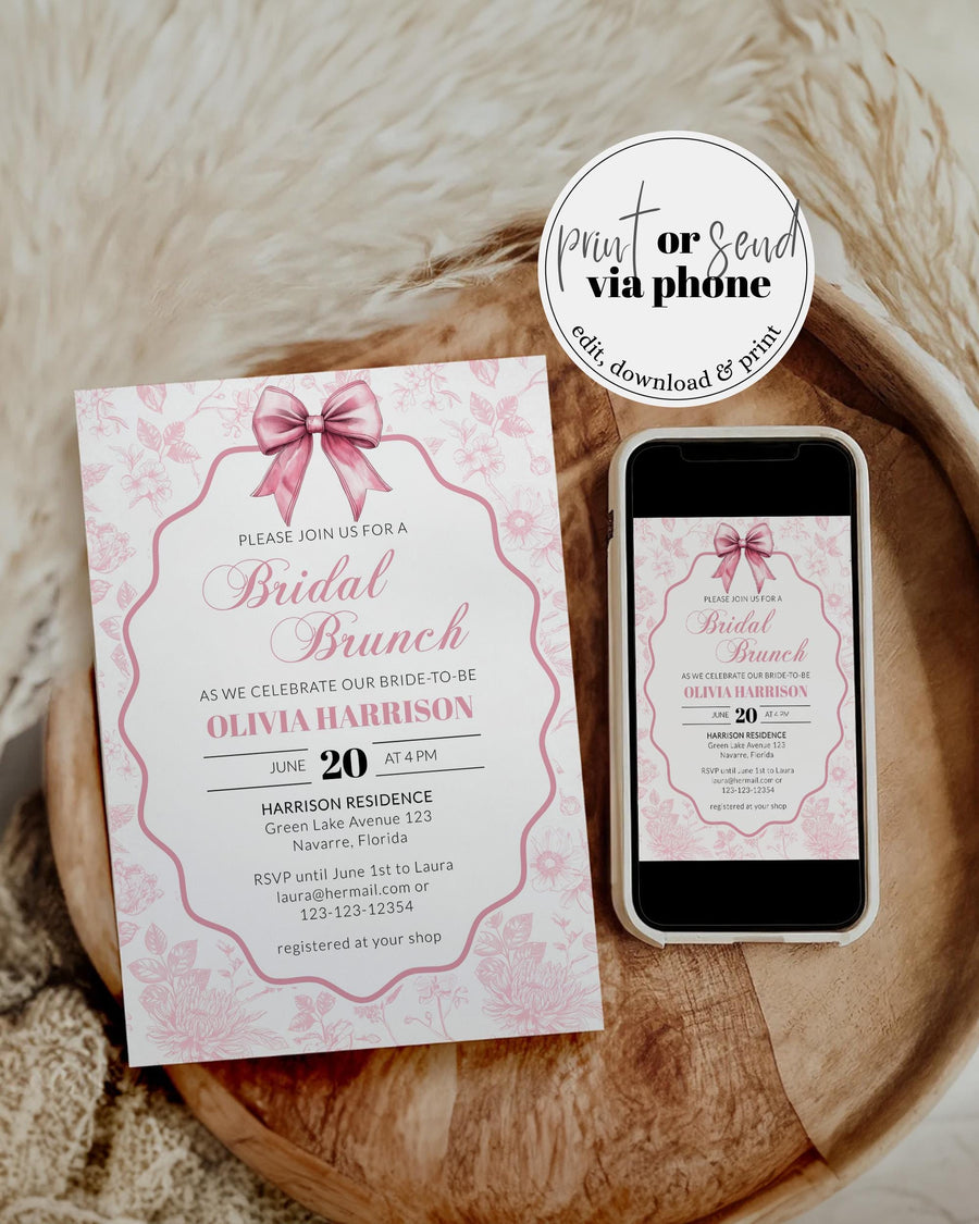 Pink Toile Bridal Shower Invitation, Coquette Bow Garden Brunch Invite Template - marryful.org