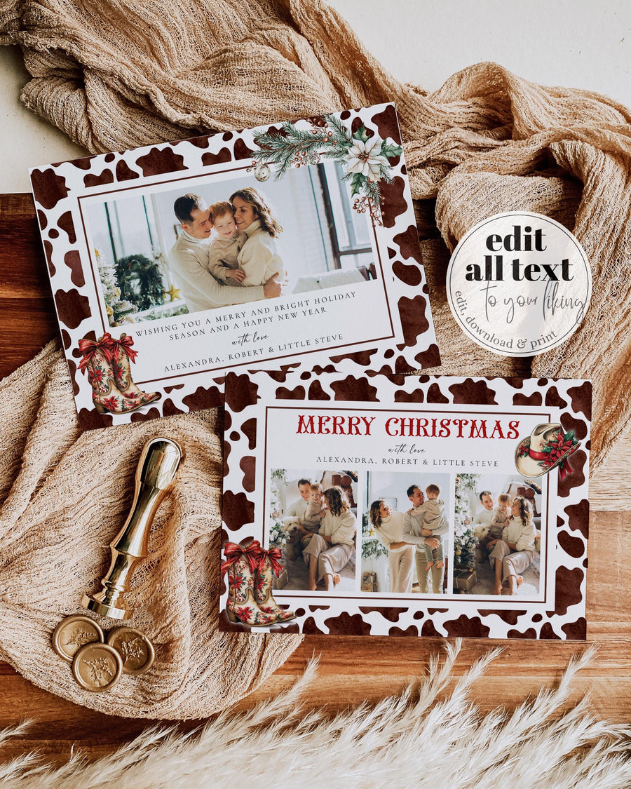 Western Christmas Photo Card Template, Rustic Cowhide Holiday Greeting, Editable Cowboy Christmas Design 022WE-CHPHCA - marryful.org