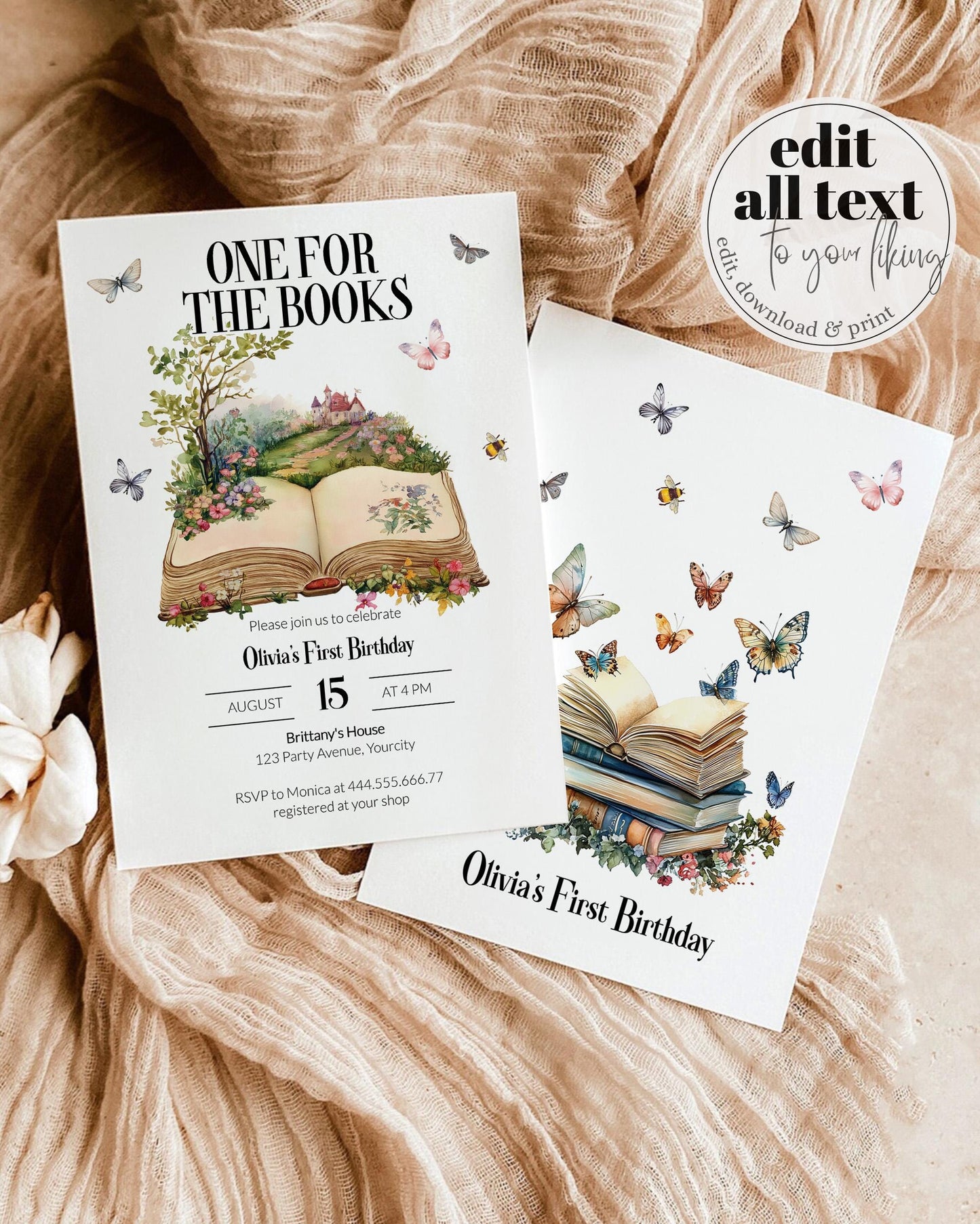 ONE for the Books First Birthday Invitation, Chapter One Story Book 1st Birthday Invite Template, Gender Neutral Book Party Template #068 - TheLovebirdsDesign