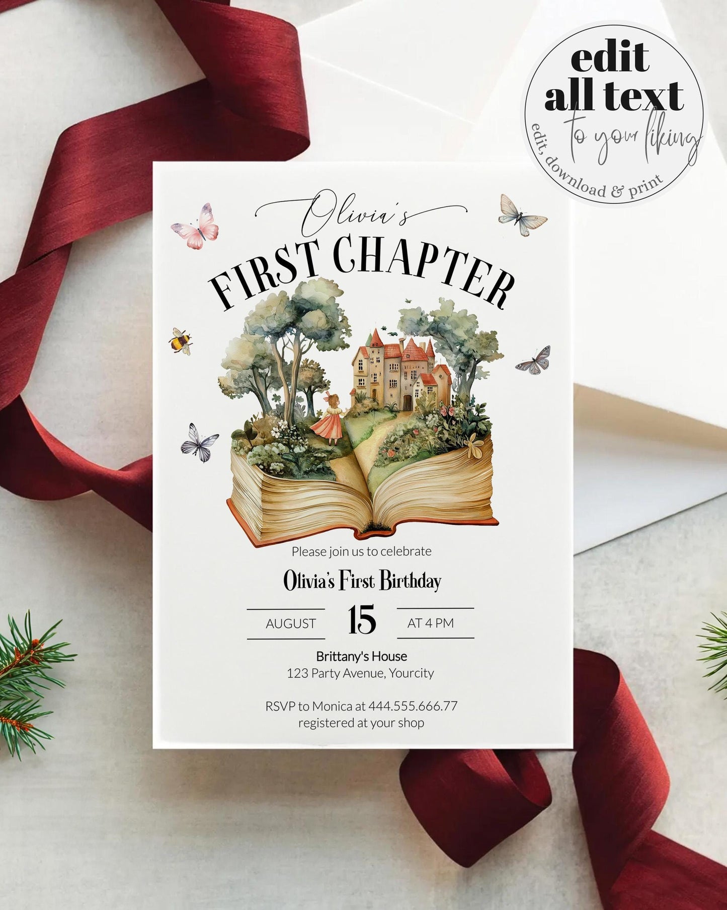 Storybook First Chapter Birthday Invitation, New Chapter Begins 1st Birthday Invite, Gender Neutral Storybook Printable Party Template #072 - TheLovebirdsDesign