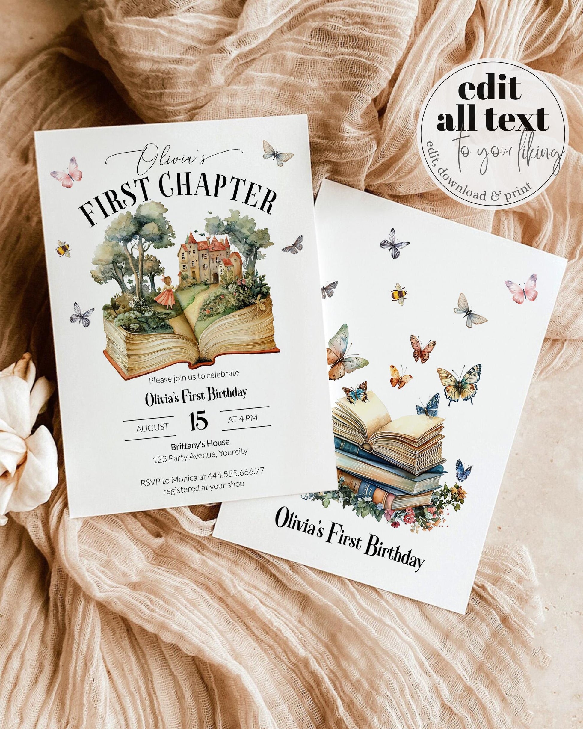 Storybook First Chapter Birthday Invitation, New Chapter Begins 1st Birthday Invite, Gender Neutral Storybook Printable Party Template #072 - TheLovebirdsDesign