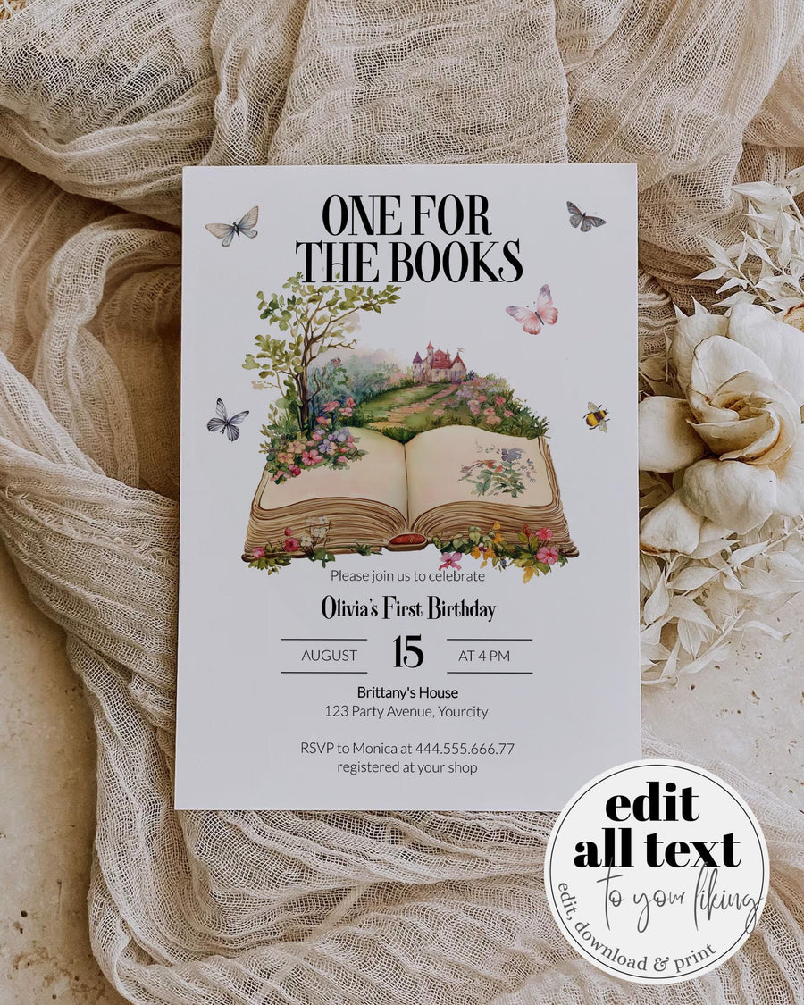 ONE for the Books First Birthday Invitation, Chapter One Story Book 1st Birthday Invite Template, Gender Neutral Book Party Template #068 - marryful.org