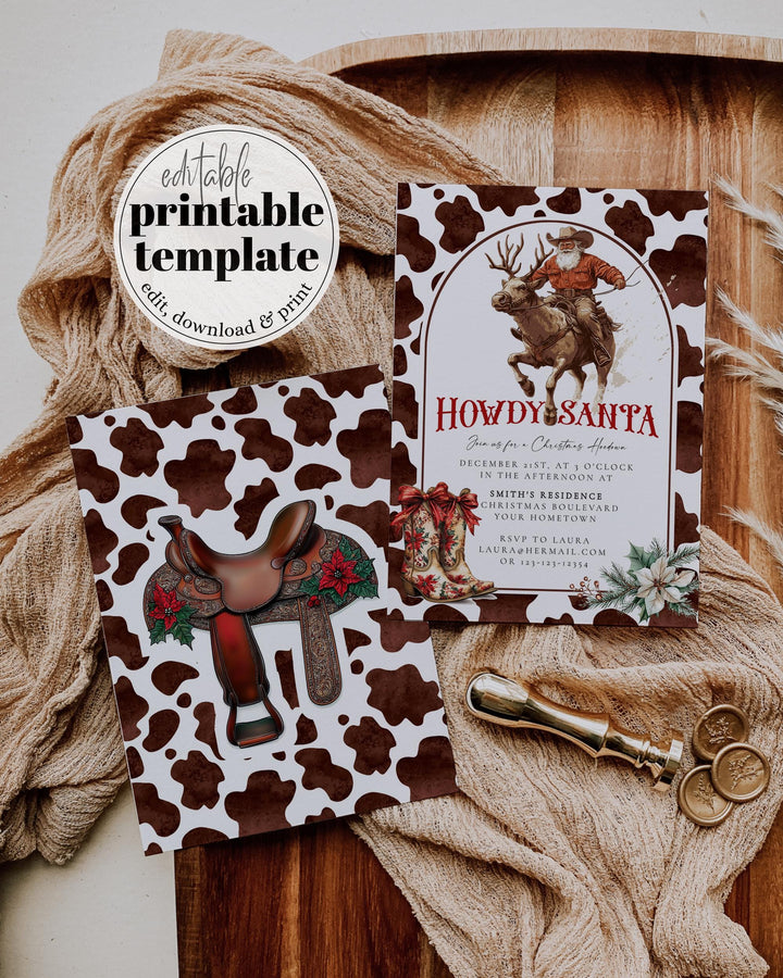Santa Reindeer Rodeo Western Christmas Party Invitation, Barn Holiday Hoedown Cowboy Christmas Party Invite Template #070 - TheLovebirdsDesign