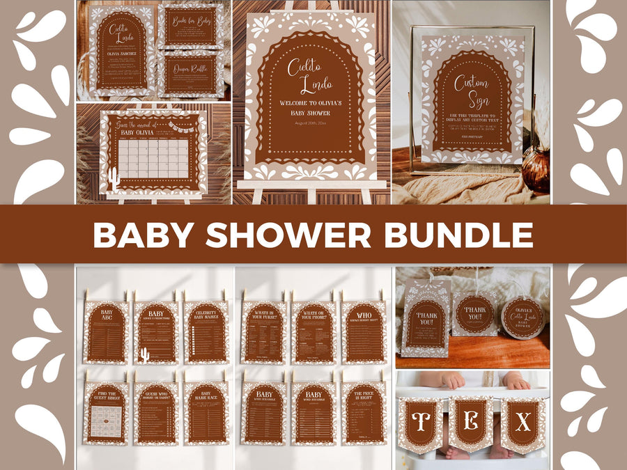 Cielito Lindo Baby Shower Bundle Template, Beige Brown Terracotta Invite and Decor Set 001CL-BSBUNDLE - marryful.org