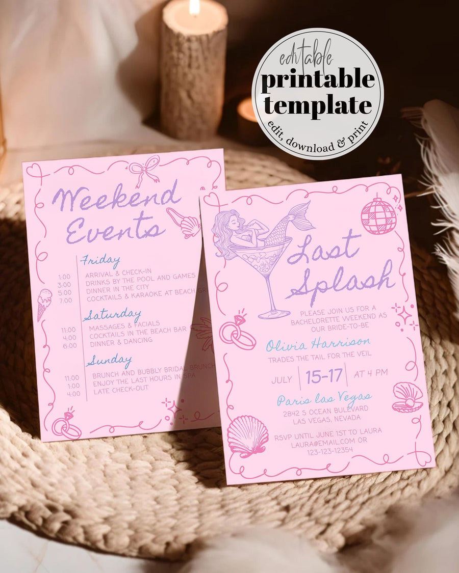 Mermaid Last Splash Bachelorette Party Itinerary, Under the Sea Martini Girls Weekend Trip Nautical Beach Boat Bridal Shower Invitation #070 - marryful.org