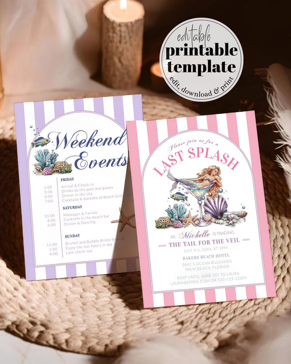 Last splash Mermaid Bachelorette Itinerary Summer Beach Pool Bachelorette Invite, Nautical Boat Girls Weekend Trip Template, Last Toast #072 - TheLovebirdsDesign