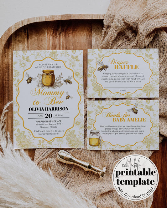 A Little Honey Baby Shower Invitation Template, Bee Baby Shower Invite, Honey Baby Shower, Gender Neutral Vintage Toile de Jouy Template#072 - TheLovebirdsDesign