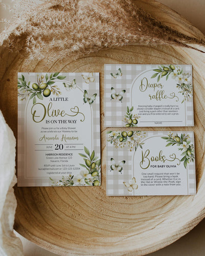 Olive Baby Shower Invitation, Sage Green Gingham Mediterranean Greenery Butterfly Template 018OL-BSINV - marryful.org