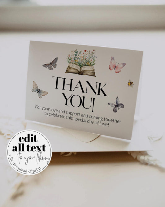 Storybook Thank You Card, A New Chapter Begins Baby Shower Thank You Note, Library Reading Wildflower Butterfly Themed Party Template #072 - TheLovebirdsDesign