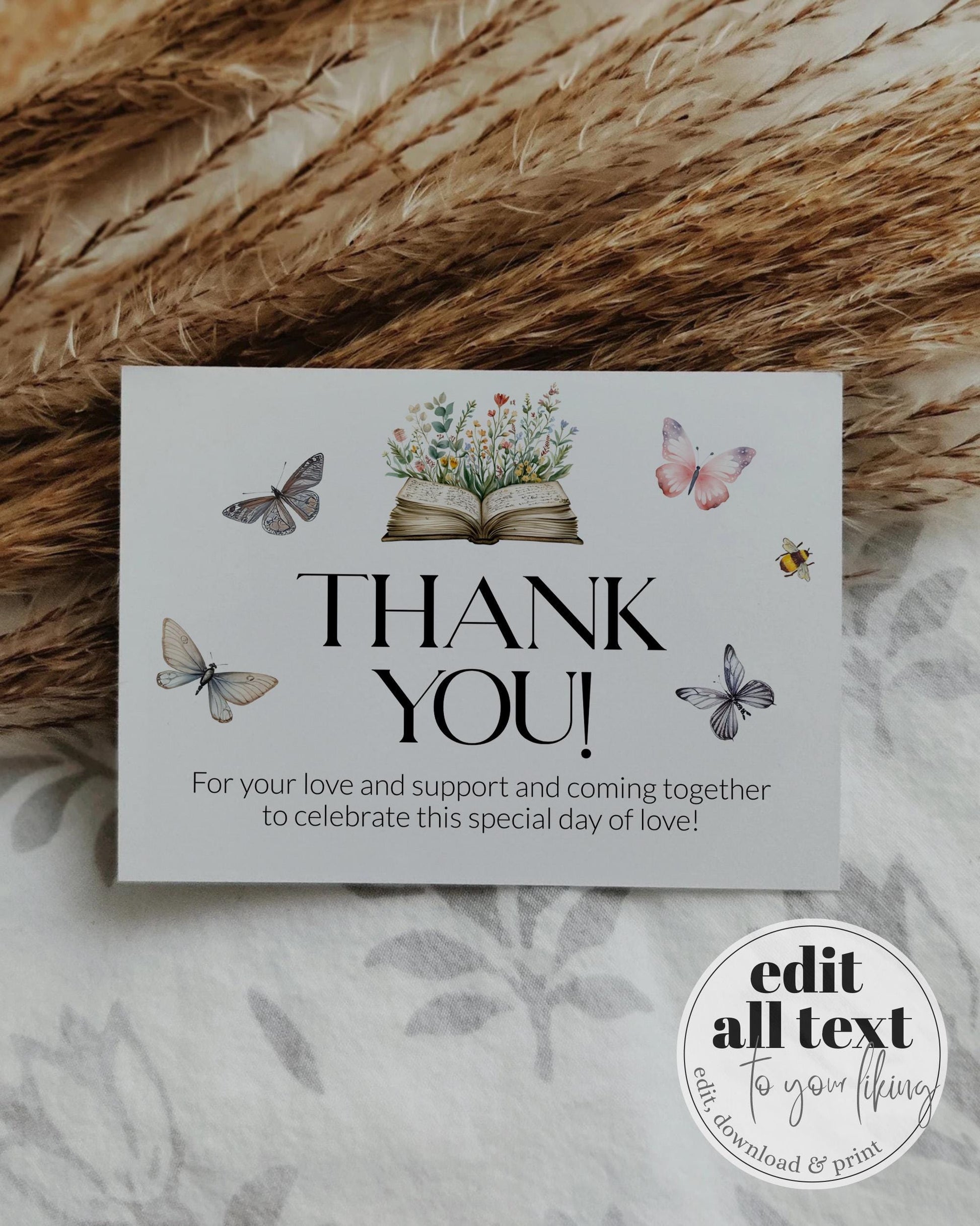 Storybook Thank You Card, A New Chapter Begins Baby Shower Thank You Note, Library Reading Wildflower Butterfly Themed Party Template #072 - TheLovebirdsDesign