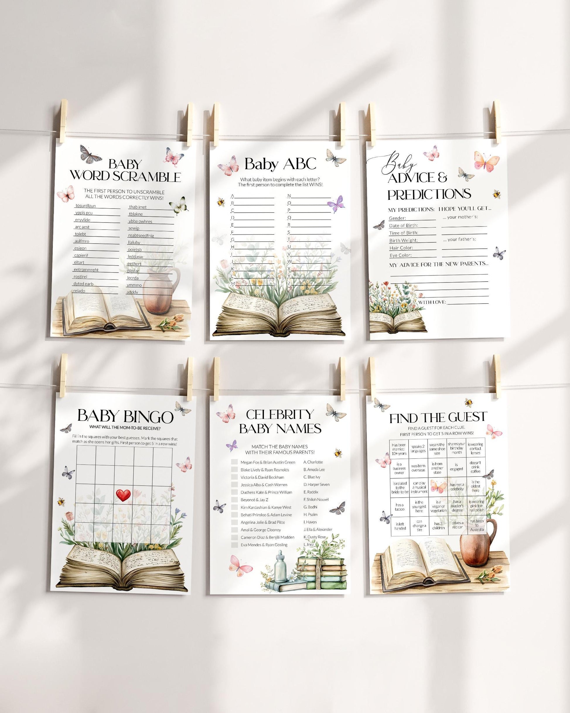 Storybook Baby Shower Game Bundle, A New Chapter Begins Baby Shower Games, Gender Neutral Library Games, Wildflower Butterfly Template #072 - TheLovebirdsDesign