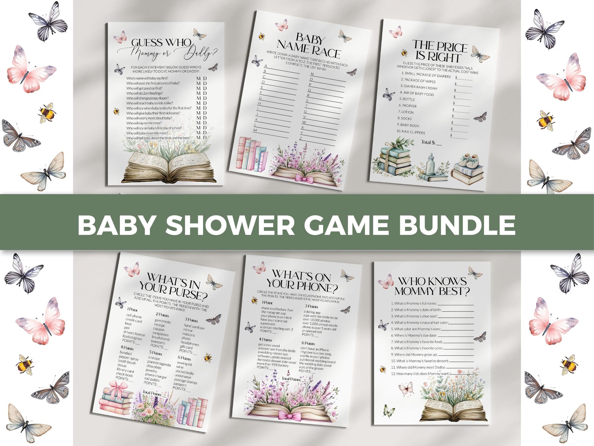 Storybook Baby Shower Game Bundle, A New Chapter Begins Baby Shower Games, Gender Neutral Library Games, Wildflower Butterfly Template #072 - TheLovebirdsDesign