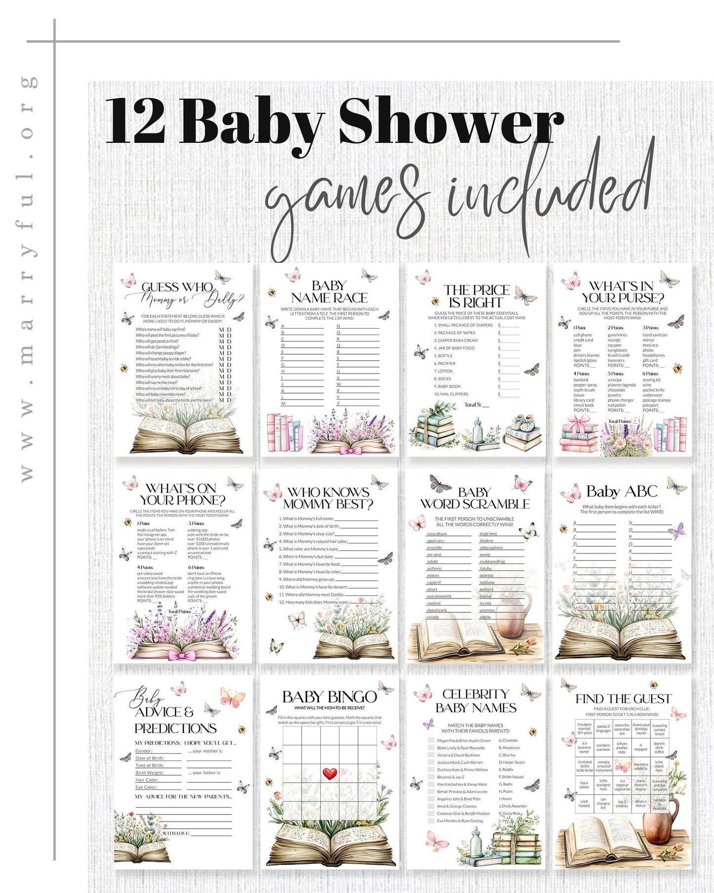 Storybook Baby Shower Game Bundle, A New Chapter Begins Baby Shower Games, Gender Neutral Library Games, Wildflower Butterfly Template #072 - TheLovebirdsDesign