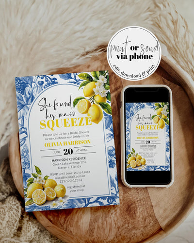 Main Squeeze Bridal Shower Invitation Template, Lemon Blue Tile Amalfi Shower Invite 102LE-BRSINV - marryful.org