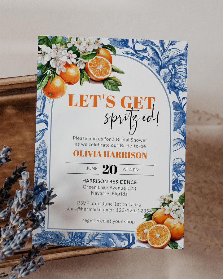 Let's Get Spritzed Bridal Shower Invitation, Amalfi Orange Spritz Bridal Shower Invite Suite Mediterranean Bride La Dolce Vita Template #072 - TheLovebirdsDesign