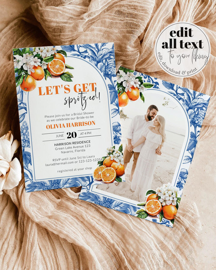 Let's Get Spritzed Bridal Shower Invitation, Amalfi Orange Spritz Bridal Shower Invite Suite Mediterranean Bride La Dolce Vita Template #072 - TheLovebirdsDesign