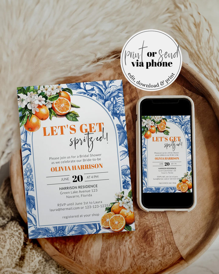 Let's Get Spritzed Bridal Shower Invitation, Amalfi Orange Spritz Bridal Shower Invite Suite Mediterranean Bride La Dolce Vita Template #072 - TheLovebirdsDesign
