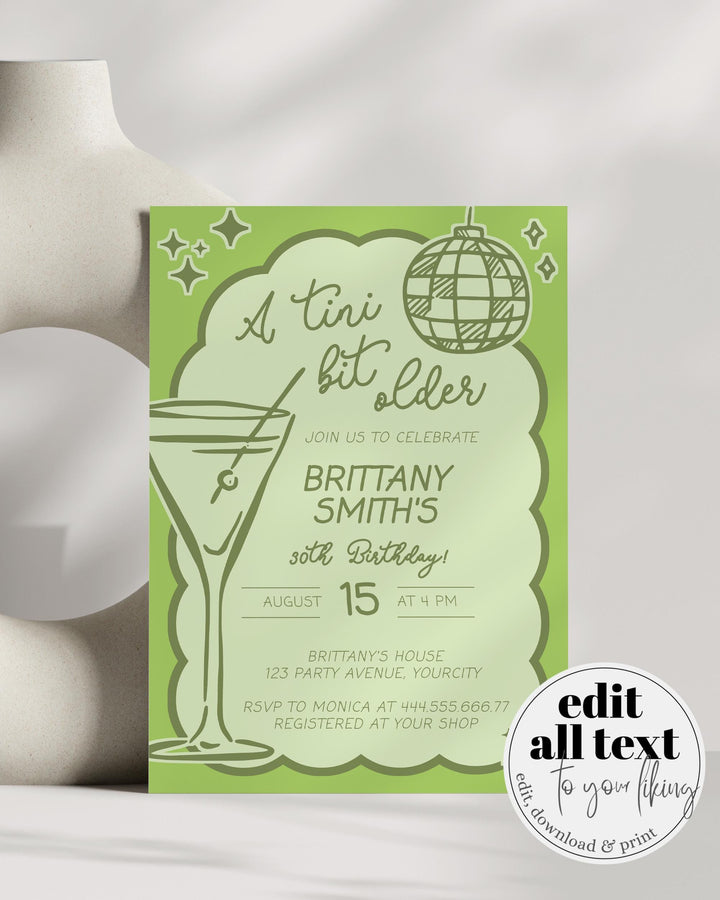 Tini Bit Older 30th Birthday Invitation, Funky Tinis and Bikinis Adult Martini Cocktail Club Party Invite Hand Drawn Wavy Frame Template#070 - TheLovebirdsDesign