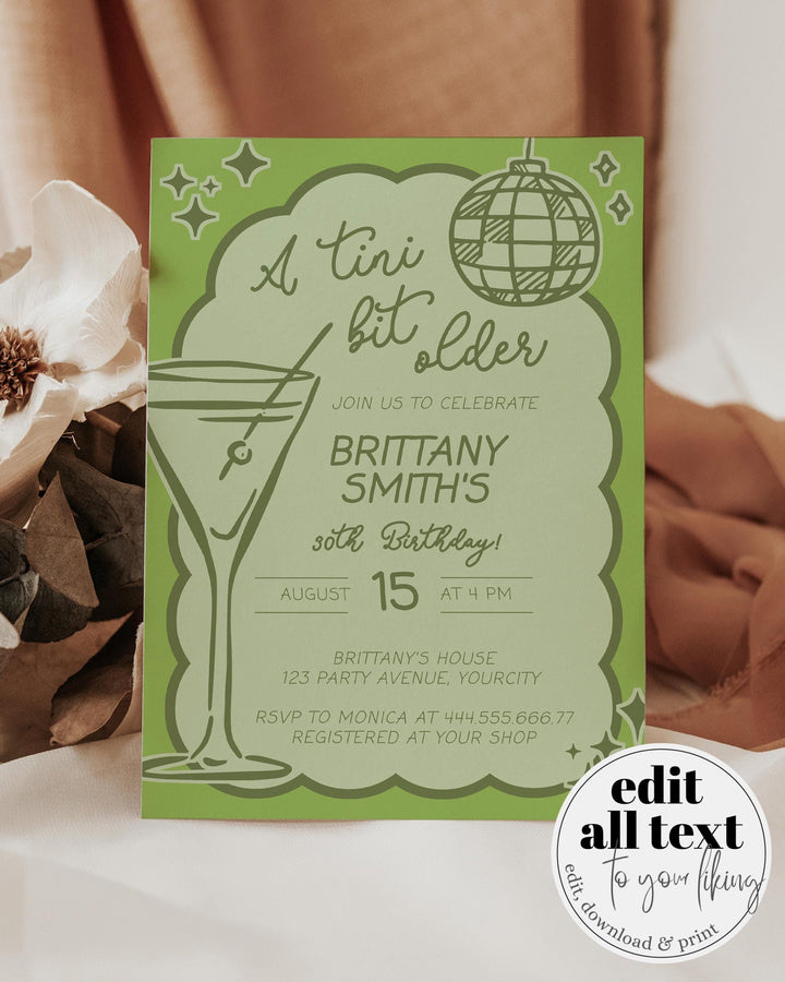Tini Bit Older 30th Birthday Invitation, Funky Tinis and Bikinis Adult Martini Cocktail Club Party Invite Hand Drawn Wavy Frame Template#070 - TheLovebirdsDesign