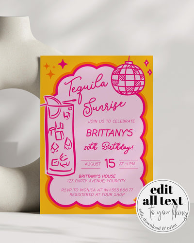 Tequila Sunrise Adult 30th Birthday Invitation, Hand drawn Tropical Bachelorette Invitation, Final Fiesta Tequila Party Mexico Template #070 - marryful.org