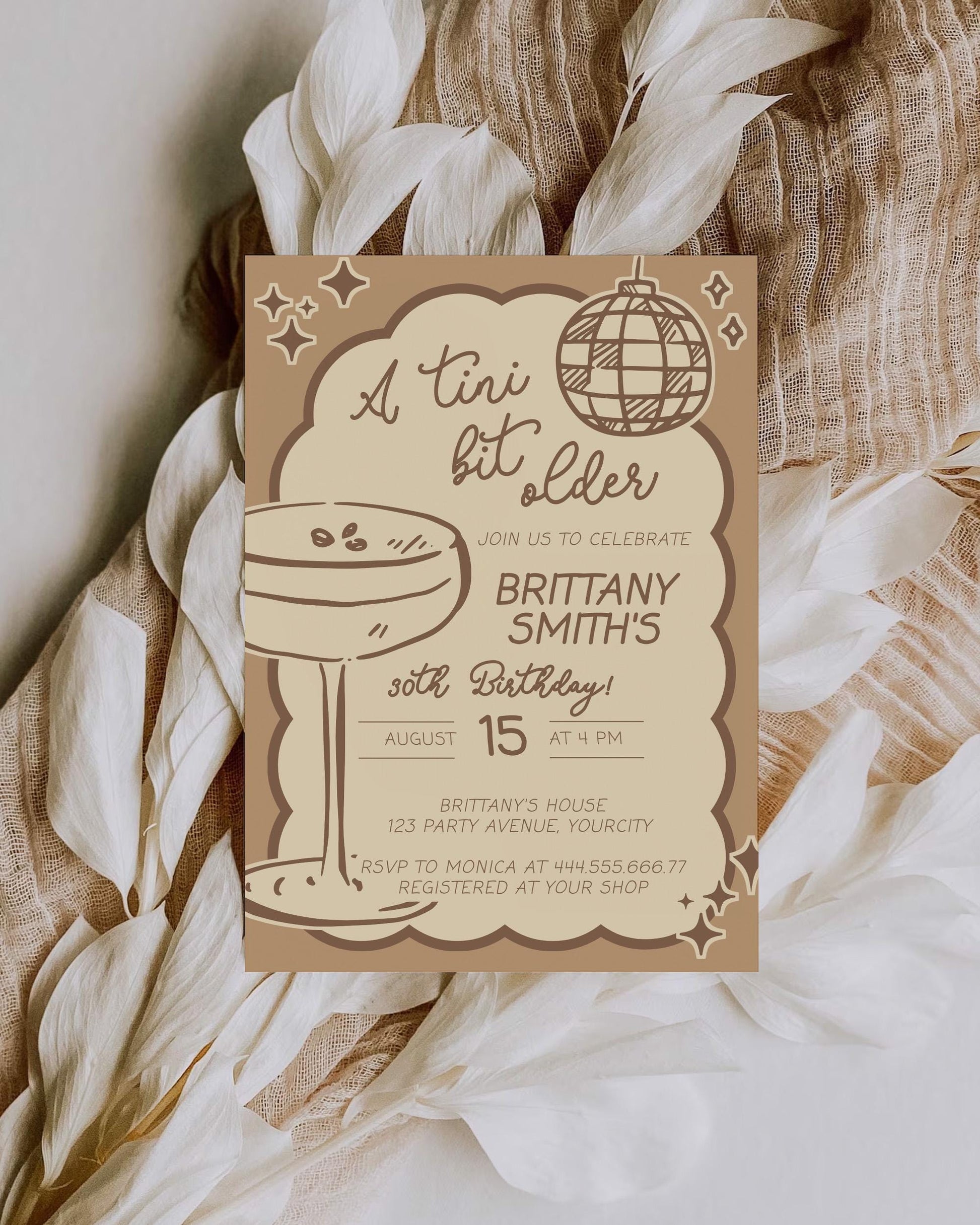 Espresso Martini 30th Birthday Invitation, Tini Bit Older Adult Cocktail Club Birthday Party Invite Hand Drawn Wavy Frame Template #070 - TheLovebirdsDesign