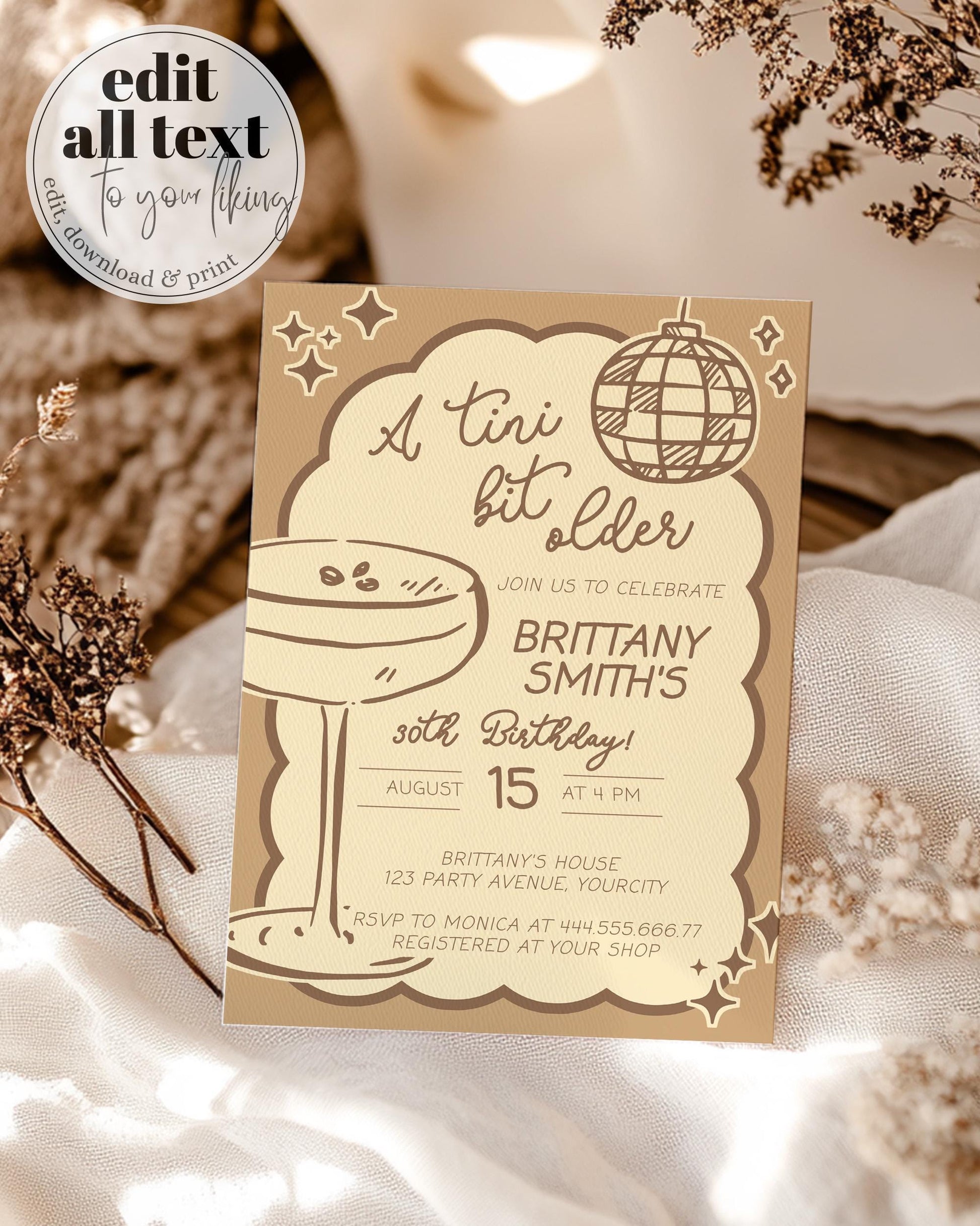 Espresso Martini 30th Birthday Invitation, Tini Bit Older Adult Cocktail Club Birthday Party Invite Hand Drawn Wavy Frame Template #070 - TheLovebirdsDesign