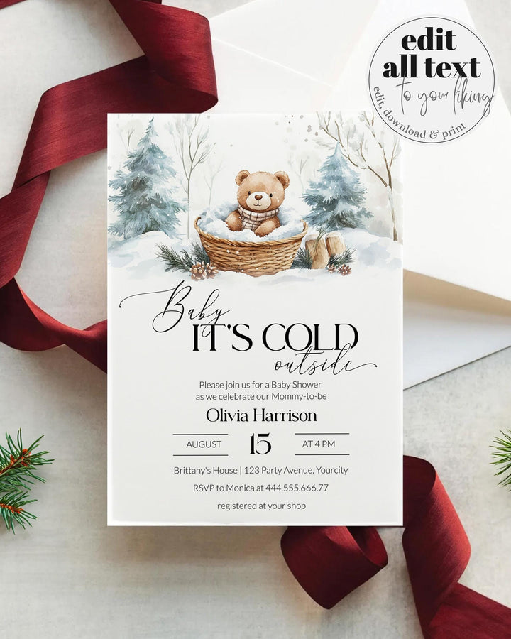 Baby It’s Cold Outside Teddy Bear Baby Shower Invitation, Winter Wonderland Basket Theme, Editable Template #072 - TheLovebirdsDesign