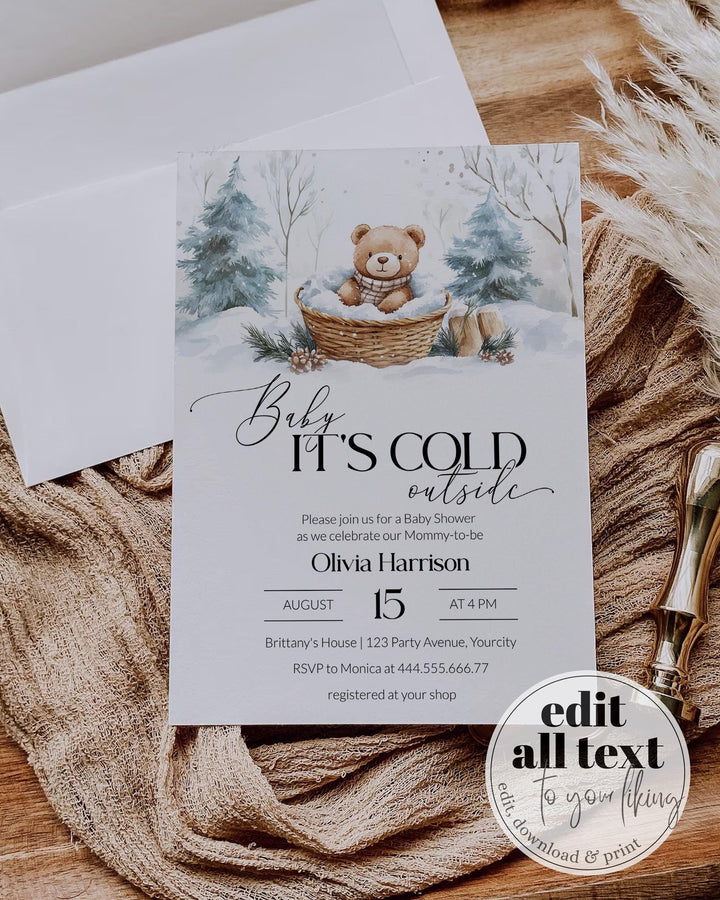 Baby It’s Cold Outside Teddy Bear Baby Shower Invitation, Winter Wonderland Basket Theme, Editable Template #072 - TheLovebirdsDesign