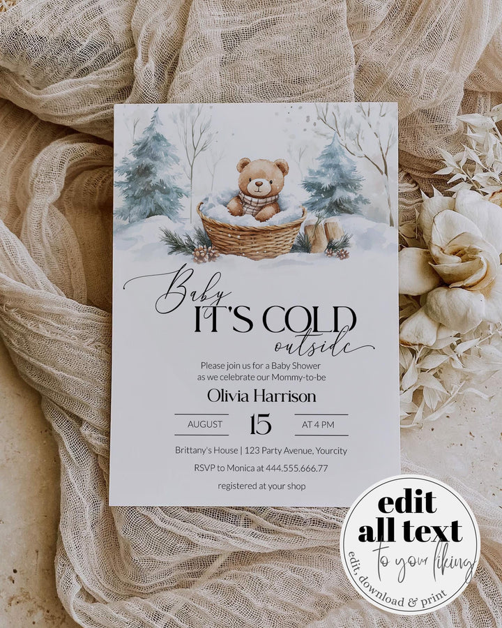 Baby It’s Cold Outside Teddy Bear Baby Shower Invitation, Winter Wonderland Basket Theme, Editable Template #072 - TheLovebirdsDesign
