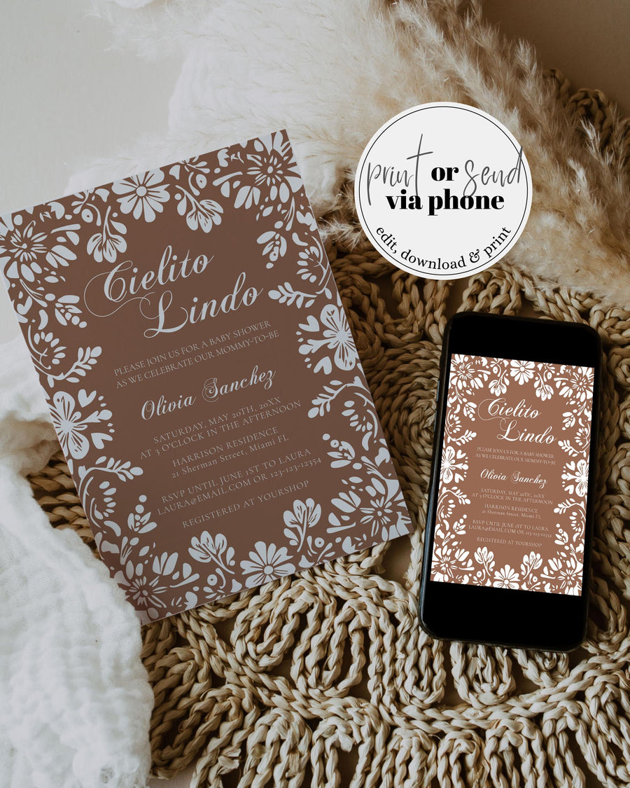 Cielito Lindo Baby Shower Invitation Template, Brown Mexican Talavera Papel Picado Invite 001BR-BSINV - marryful.org